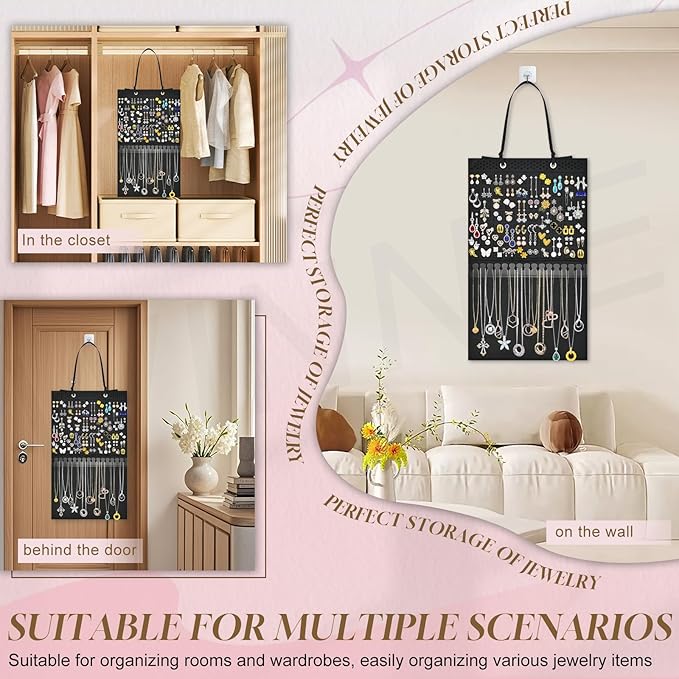 Hanging Earring Holder Organizer, Upgraded Wall Jewelry Organizer Storage for Earrings, Necklaces, Bracelets and Ankles, Premium Black Earring Display Hanger for Women & Girls