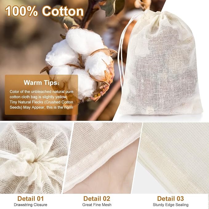 10pcs，Drawstring Muslin Bags, 3x4In Reusable Empty Tea Bag for Loose Tea, Natural Cotton Unbleached Cheese Cloth Bag, Spice Bags for Filtering Cooking Soups/Herbs/Herbal Tea/Cold-Brewed Coffee