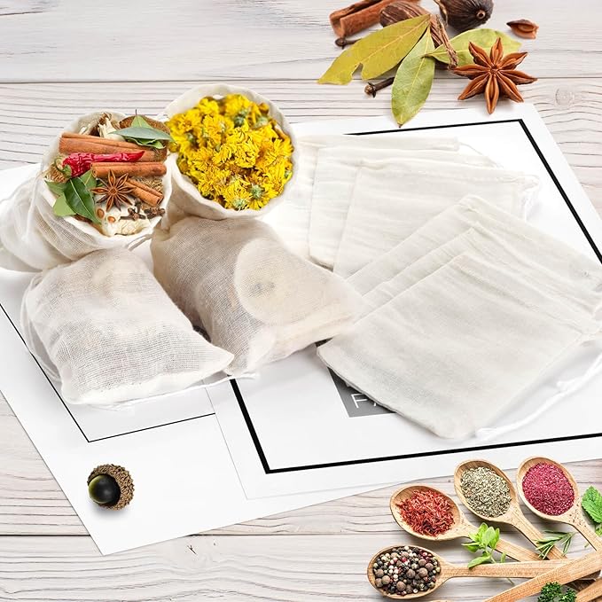 10pcs，Drawstring Muslin Bags, 3x4In Reusable Empty Tea Bag for Loose Tea, Natural Cotton Unbleached Cheese Cloth Bag, Spice Bags for Filtering Cooking Soups/Herbs/Herbal Tea/Cold-Brewed Coffee