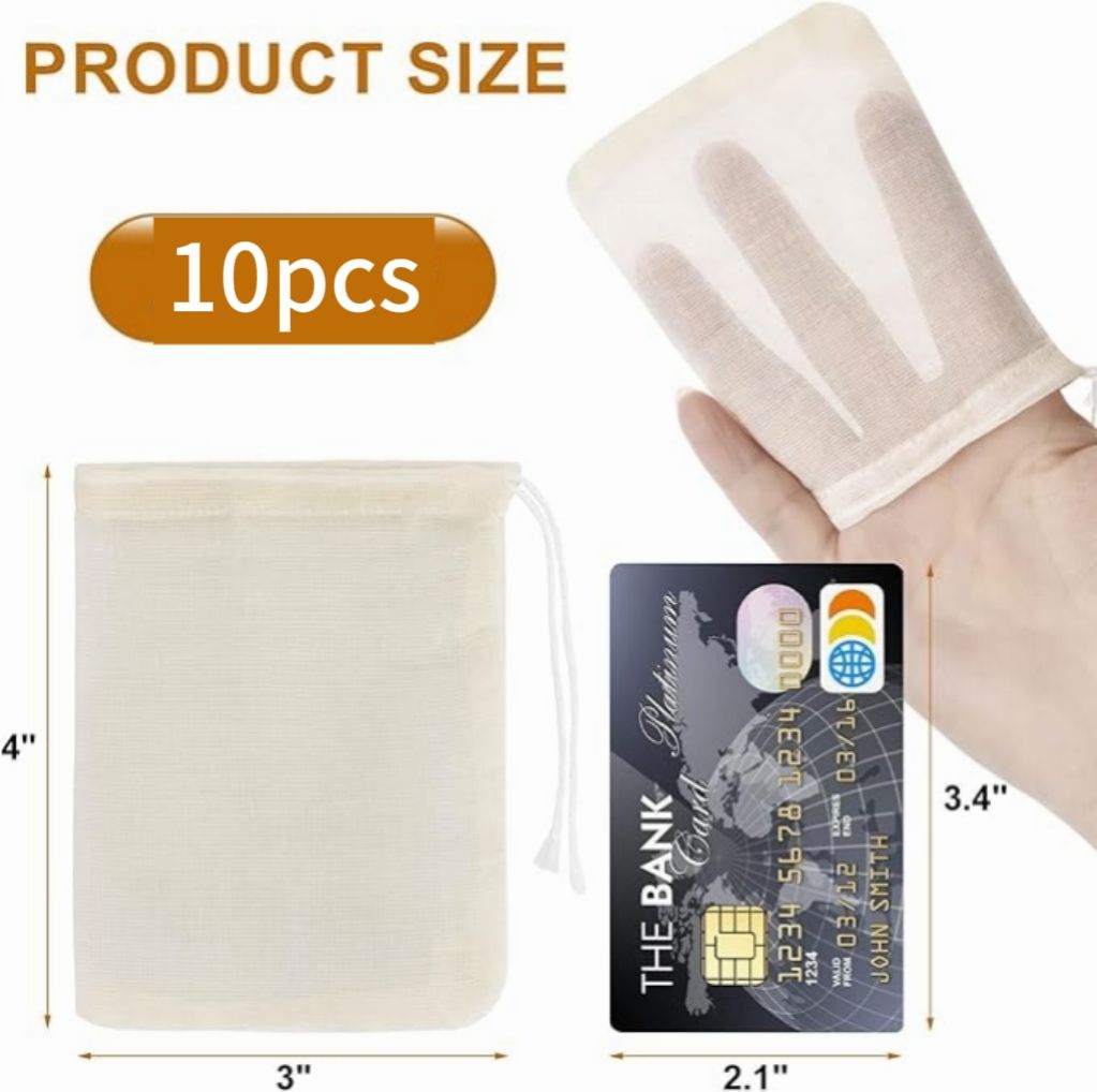 10pcs，Drawstring Muslin Bags, 3x4In Reusable Empty Tea Bag for Loose Tea, Natural Cotton Unbleached Cheese Cloth Bag, Spice Bags for Filtering Cooking Soups/Herbs/Herbal Tea/Cold-Brewed Coffee