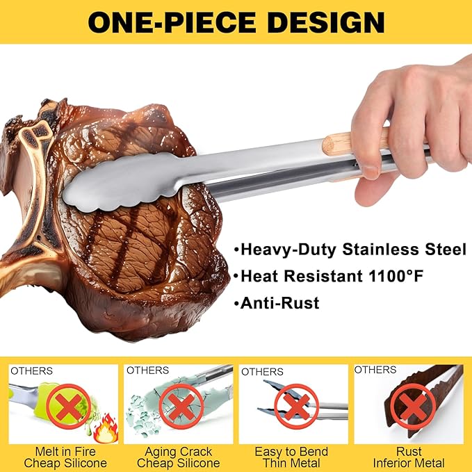 Large clips，Premium metal kitchen tongs for cooking - heat-resistant stainless steel tongs with comfortable wooden handles - perfect for grilling, salads, toaster, cooking,