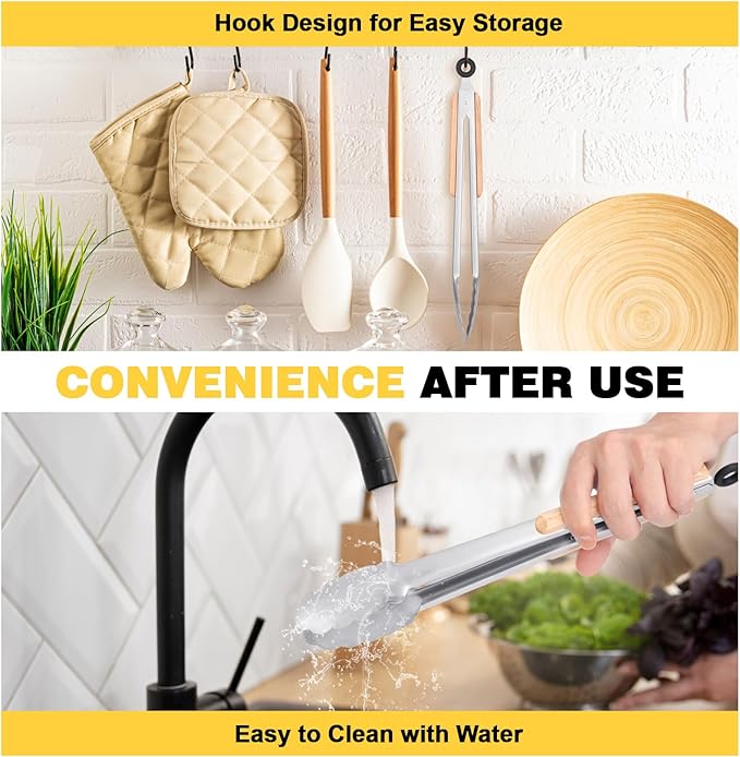 Large clips，Premium metal kitchen tongs for cooking - heat-resistant stainless steel tongs with comfortable wooden handles - perfect for grilling, salads, toaster, cooking,