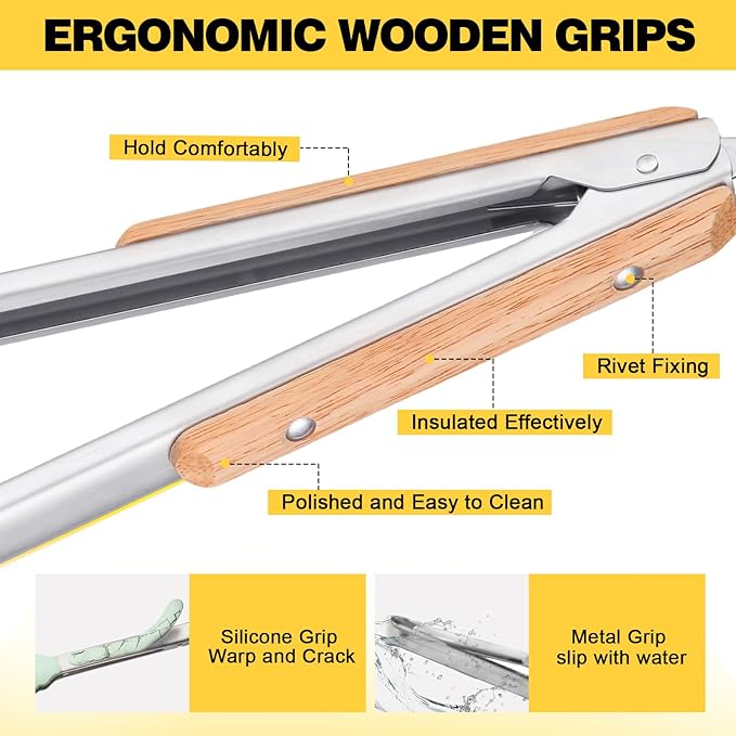Large clips，Premium metal kitchen tongs for cooking - heat-resistant stainless steel tongs with comfortable wooden handles - perfect for grilling, salads, toaster, cooking,