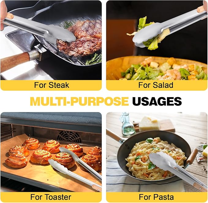 Large clips，Premium metal kitchen tongs for cooking - heat-resistant stainless steel tongs with comfortable wooden handles - perfect for grilling, salads, toaster, cooking,