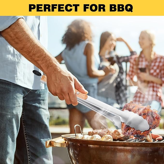 Large clips，Premium metal kitchen tongs for cooking - heat-resistant stainless steel tongs with comfortable wooden handles - perfect for grilling, salads, toaster, cooking,