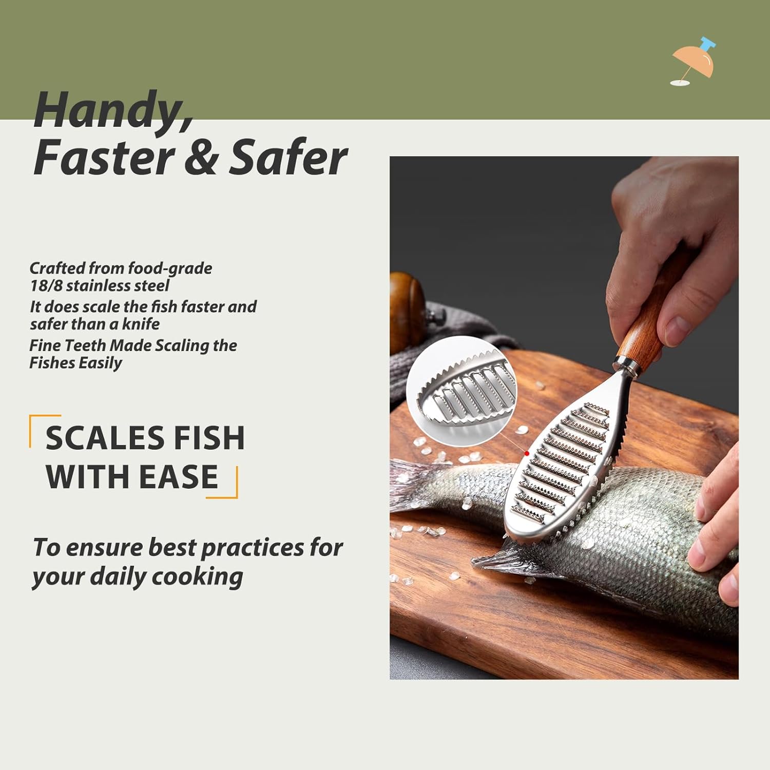 Stainless Steel Fish Scale Remover, Manual Fish Scaler with Wood Handle, Fish Cleaning Tool, Built-in Ginger Garlic Grater, Descale Kitchen Gadgets