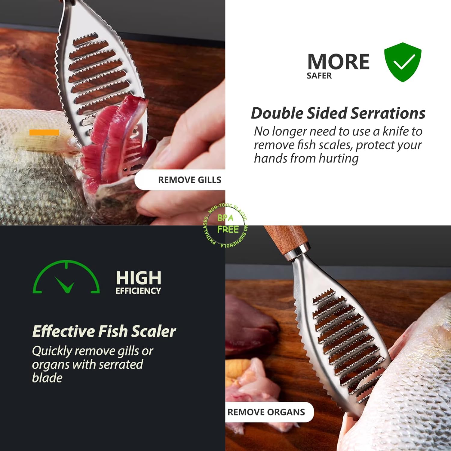 Stainless Steel Fish Scale Remover, Manual Fish Scaler with Wood Handle, Fish Cleaning Tool, Built-in Ginger Garlic Grater, Descale Kitchen Gadgets