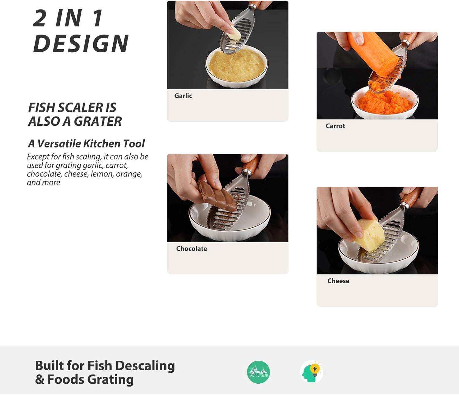 Stainless Steel Fish Scale Remover, Manual Fish Scaler with Wood Handle, Fish Cleaning Tool, Built-in Ginger Garlic Grater, Descale Kitchen Gadgets