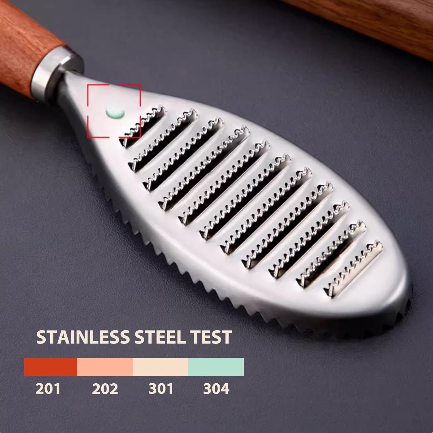 Stainless Steel Fish Scale Remover, Manual Fish Scaler with Wood Handle, Fish Cleaning Tool, Built-in Ginger Garlic Grater, Descale Kitchen Gadgets