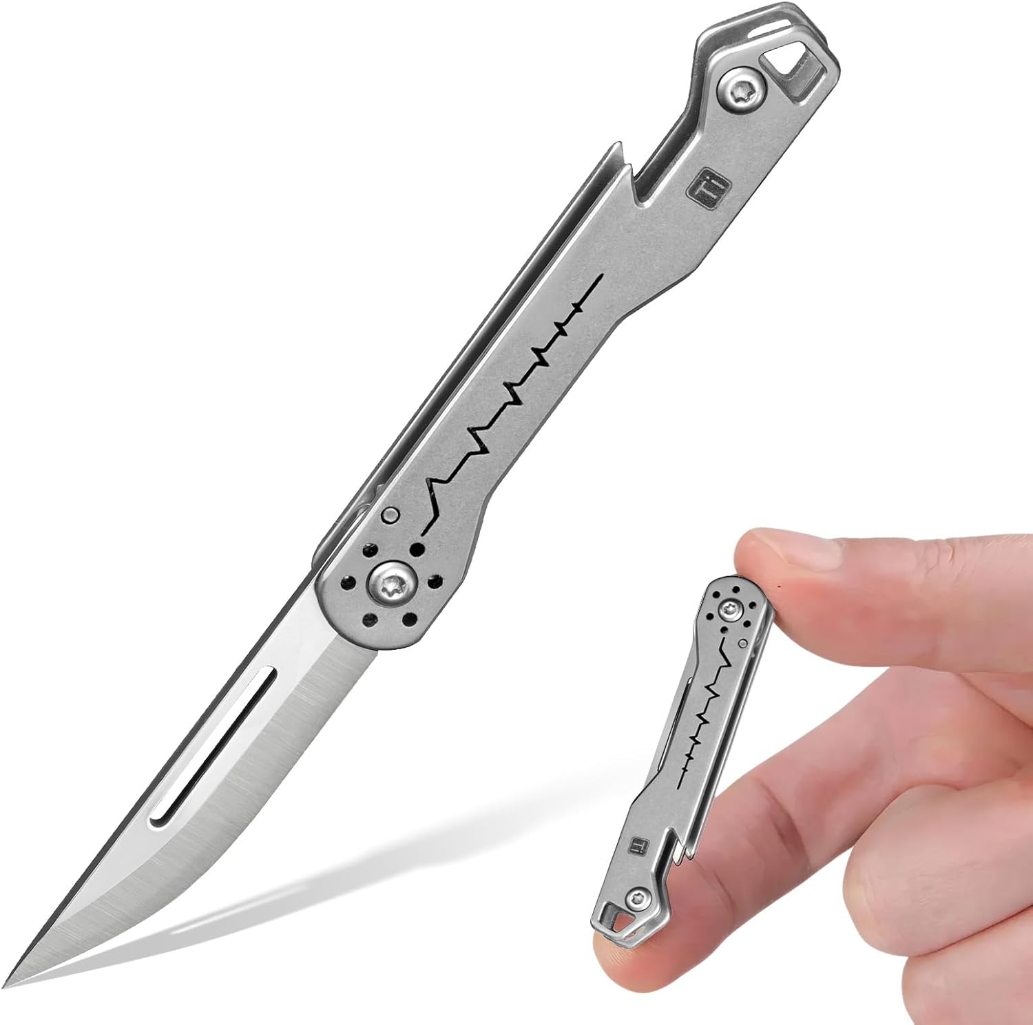 Mini Titanium Folding Utility Knife with Bottle Opener, 7Cr Steel Blade, EDC Pocket Knife for Men, Camping & Outdoor Tool (TKK4_02)