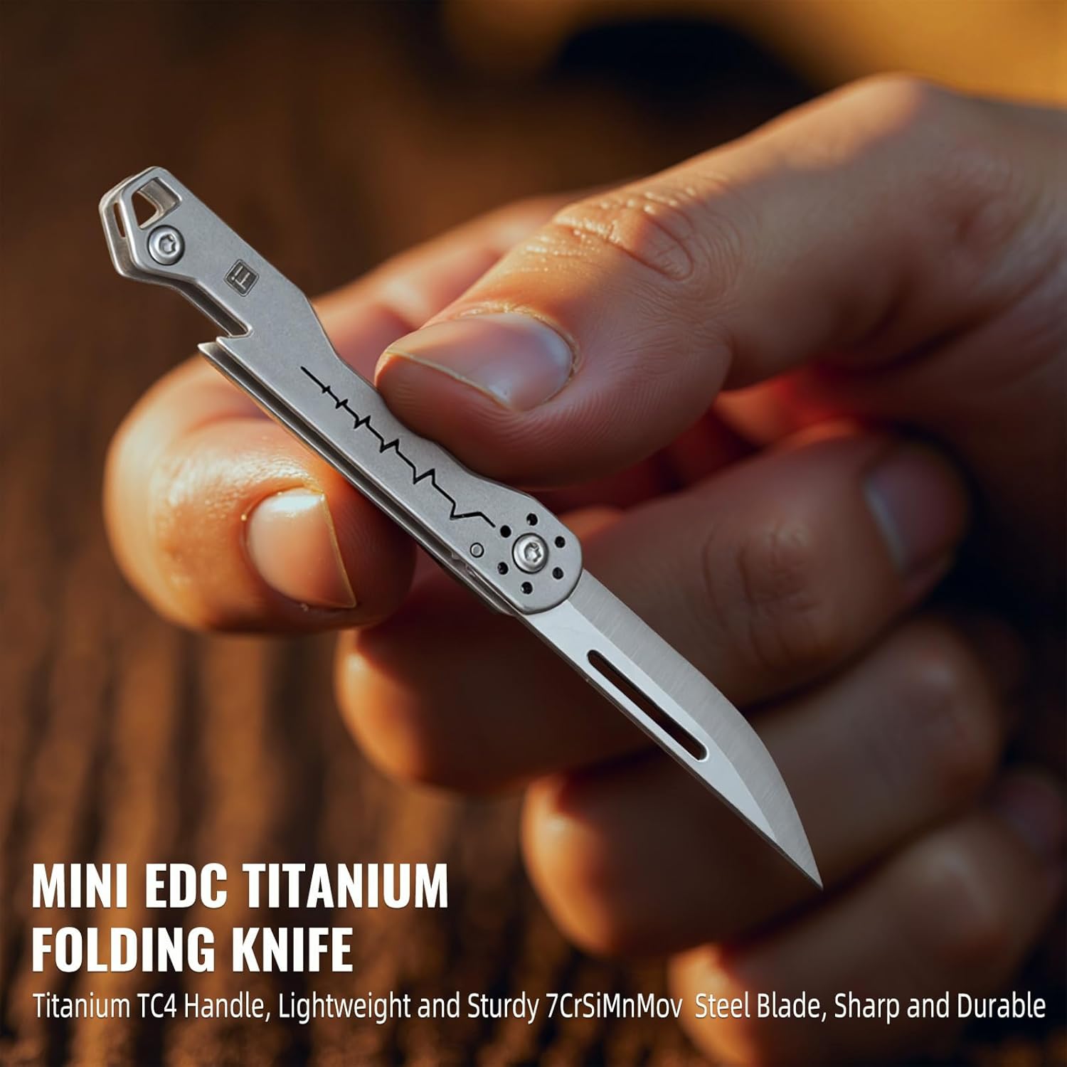 Mini Titanium Folding Utility Knife with Bottle Opener, 7Cr Steel Blade, EDC Pocket Knife for Men, Camping & Outdoor Tool (TKK4_02)