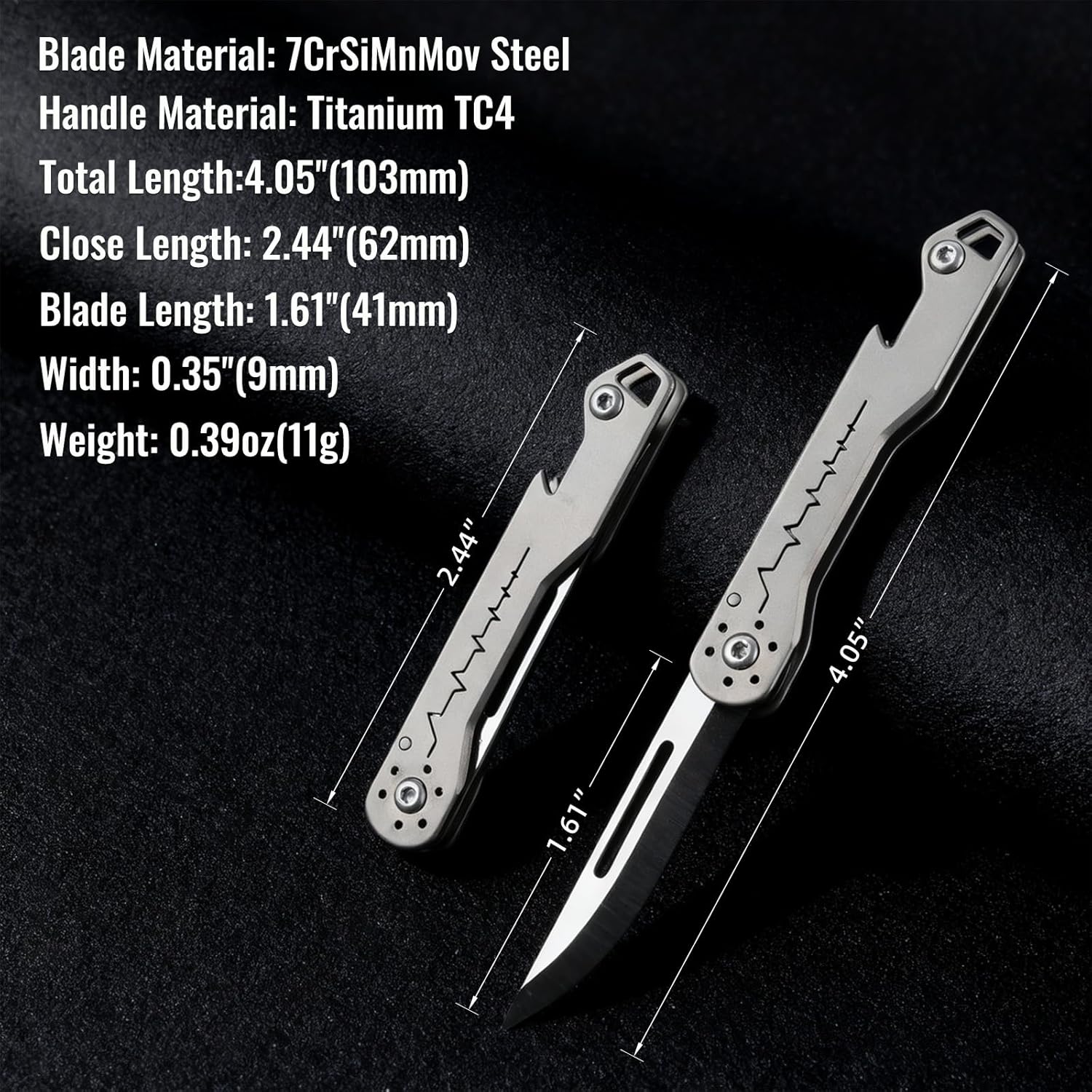 Mini Titanium Folding Utility Knife with Bottle Opener, 7Cr Steel Blade, EDC Pocket Knife for Men, Camping & Outdoor Tool (TKK4_02)