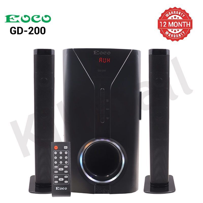 EOCO Sound Bar 2.1CH Multimedia Speaker System Bluetooth Subwoofer GD-200 Home Theater Audio BT/USB/SD/FM Remote Control 75W PMPO 20000W