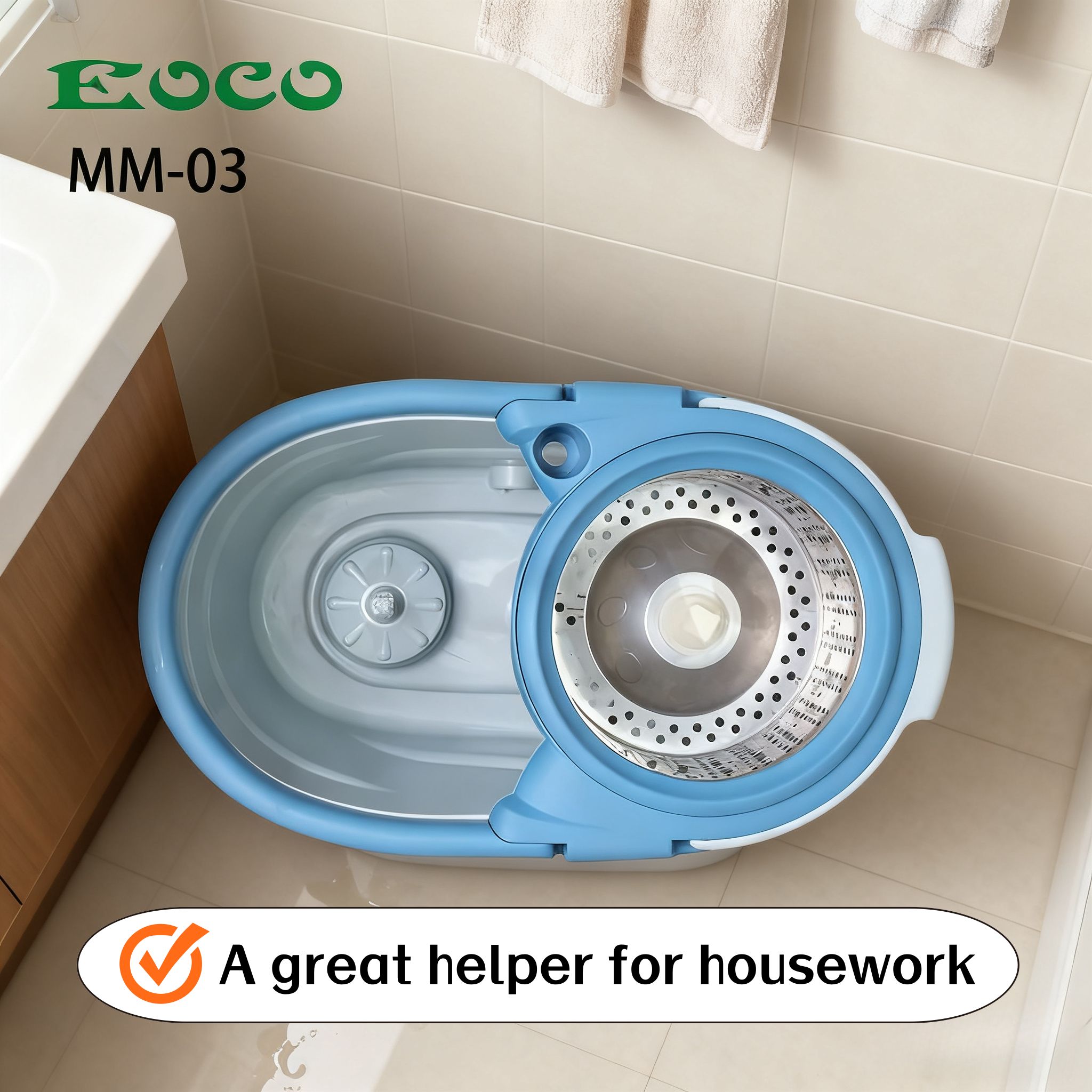 EOCO Spin Mop(MM-03)With Bucket Housework Hand Free Floor Cleaning Easy Microfiber Long Telescopic Handle Rotating 360 Spinning Magic Mop