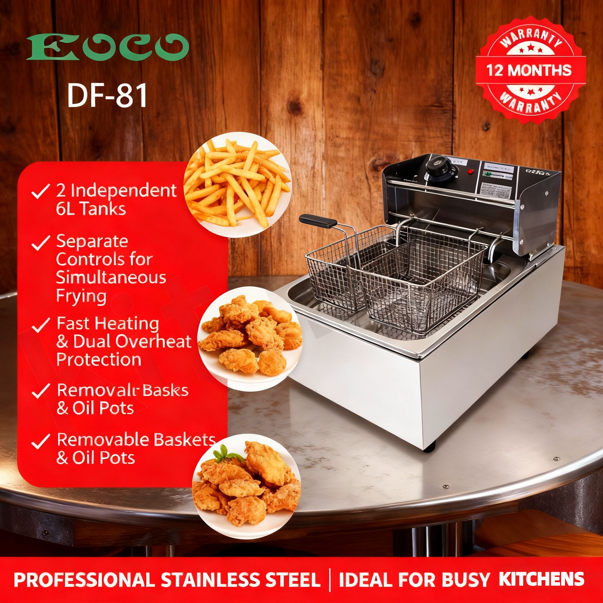 EOCO 6L Single Commercial & Home Electric Deep Fryer – Stainless Steel Silver Cookware. Fast even heating, removable parts, overheat protection, great for restaurants & daily household frying.