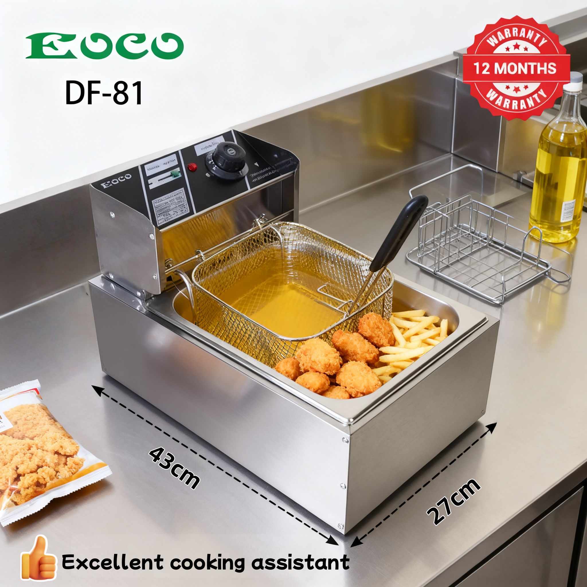 EOCO 6L Single Commercial & Home Electric Deep Fryer – Stainless Steel Silver Cookware. Fast even heating, removable parts, overheat protection, great for restaurants & daily household frying.