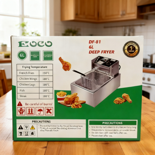 EOCO 6L Single Commercial & Home Electric Deep Fryer – Stainless Steel Silver Cookware. Fast even heating, removable parts, overheat protection, great for restaurants & daily household frying.