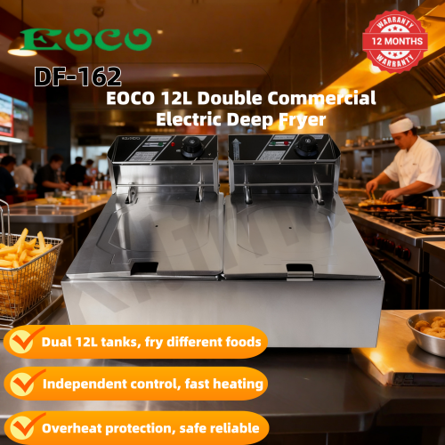 EOCO 6L*2 Commercial & Home Electric Deep Fryer – Stainless Steel Silver Cookware. Fast even heating, removable parts, overheat protection, great for restaurants & daily household frying.