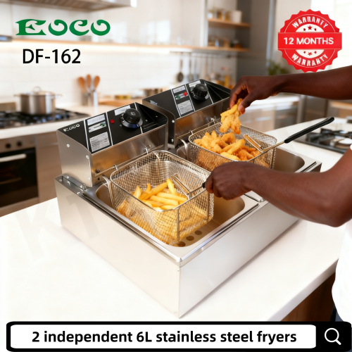 EOCO 6L*2 Commercial & Home Electric Deep Fryer – Stainless Steel Silver Cookware. Fast even heating, removable parts, overheat protection, great for restaurants & daily household frying.