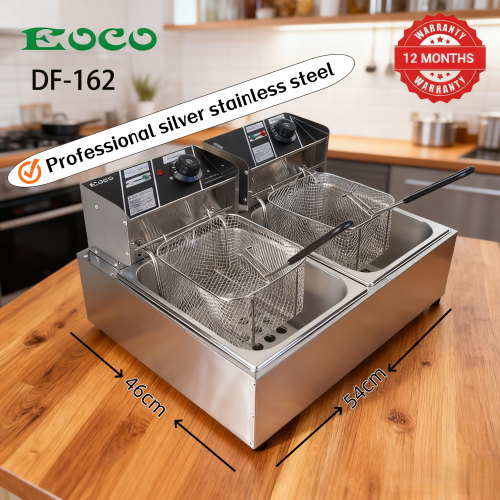 EOCO 6L*2 Commercial & Home Electric Deep Fryer – Stainless Steel Silver Cookware. Fast even heating, removable parts, overheat protection, great for restaurants & daily household frying.