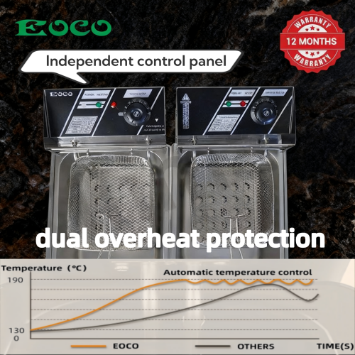 EOCO 6L*2 Commercial & Home Electric Deep Fryer – Stainless Steel Silver Cookware. Fast even heating, removable parts, overheat protection, great for restaurants & daily household frying.