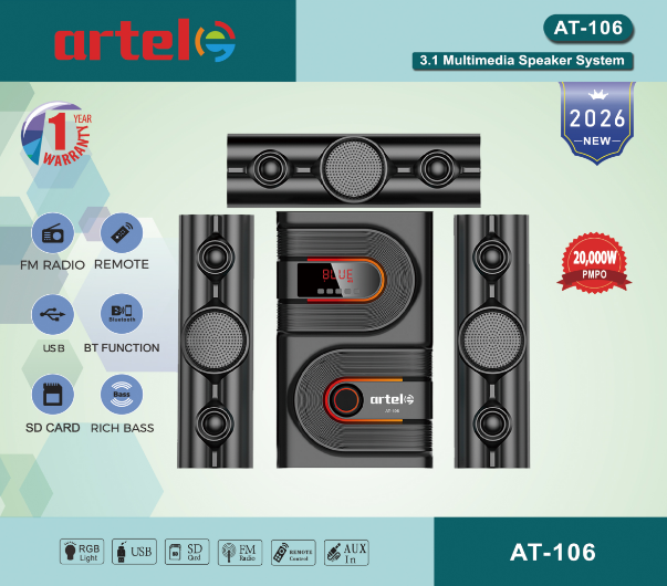 Artel AT-106 3.1CH Multimedia Bluetooth Subwoofer Speaker, 20000W High Power Home Audio System | Supports Bluetooth/USB/SD/FM Multi-Mode Playback, Remote Control Included, 12-Month Warranty.