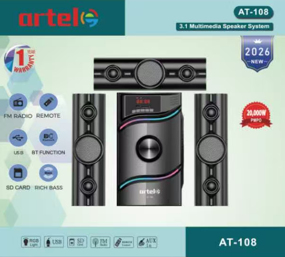 Artel AT-108 3.1CH Multimedia Bluetooth Subwoofer Speaker, 20000W High Power Home Audio System | Supports Bluetooth/USB/SD/FM Multi-Mode Playback, Remote Control Included, 12-Month Warranty.