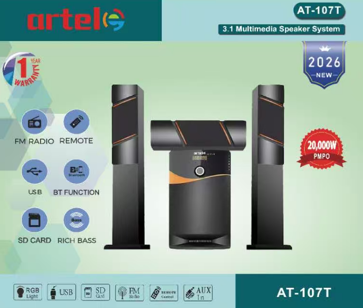 Artel AT-107T 3.1CH Multimedia Bluetooth Subwoofer Speaker, 20000W High Power Home Audio System | Supports Bluetooth/USB/SD/FM Multi-Mode Playback, Remote Control Included, 12-Month Warranty.