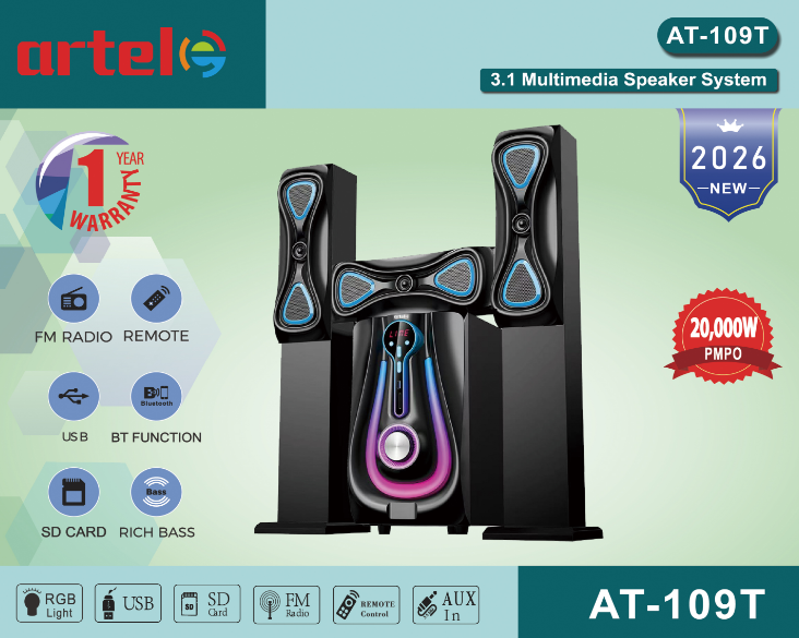 Artel AT-109T 3.1CH Multimedia Bluetooth Subwoofer Speaker, 20000W High Power Home Audio System | Supports Bluetooth/USB/SD/FM Multi-Mode Playback, Remote Control Included, 12-Month Warranty.