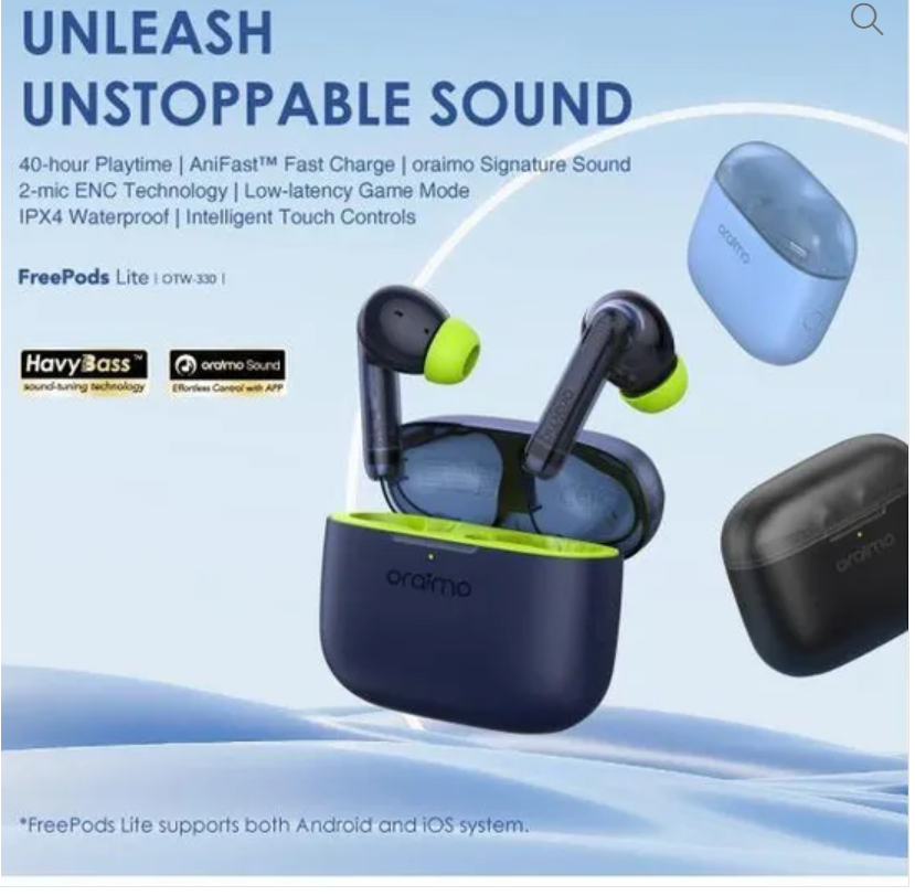 Oraimo FreePods Lite ENC 40-hour Playtime Heavybass True Wireless Earbuds. can withstand power for a long period of time upto 40 hours standby. has an incredible sound quality with superb bass