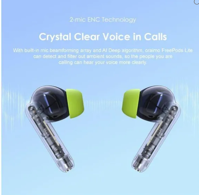Oraimo FreePods Lite ENC 40-hour Playtime Heavybass True Wireless Earbuds. can withstand power for a long period of time upto 40 hours standby. has an incredible sound quality with superb bass