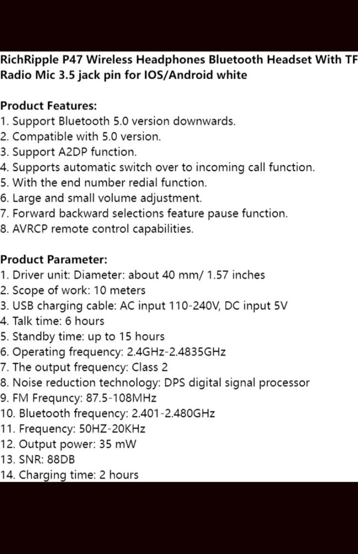 RichRipple P47 Wireless Stereo Bass Bluetooth Headphone Sports Foldable Headset With TF Micro for IOS/Android