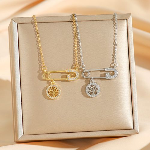 1 fashion stainless steel diamond-accented safety pin necklace with Tree of Life pendant, suitable for everyday wear.