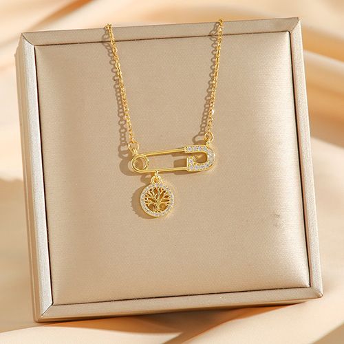 1 fashion stainless steel diamond-accented safety pin necklace with Tree of Life pendant, suitable for everyday wear.