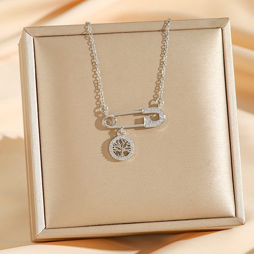 1 fashion stainless steel diamond-accented safety pin necklace with Tree of Life pendant, suitable for everyday wear.