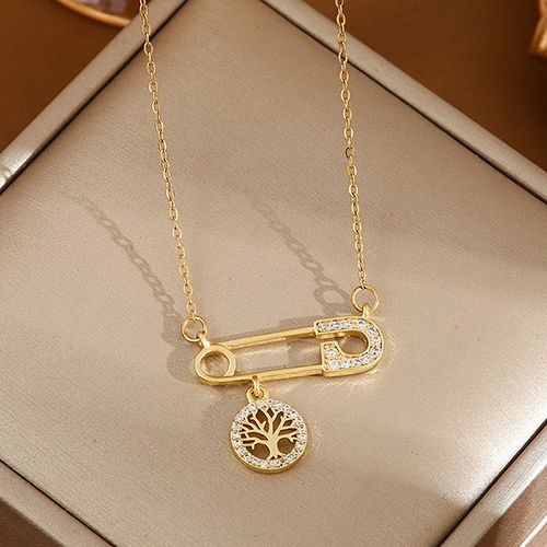 1 fashion stainless steel diamond-accented safety pin necklace with Tree of Life pendant, suitable for everyday wear.