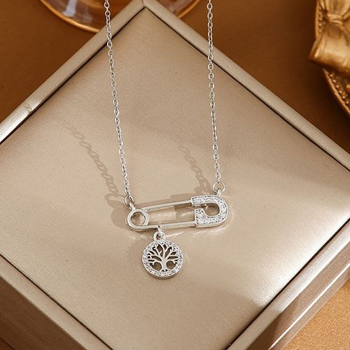1 fashion stainless steel diamond-accented safety pin necklace with Tree of Life pendant, suitable for everyday wear.
