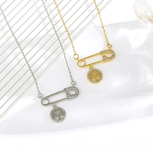1 fashion stainless steel diamond-accented safety pin necklace with Tree of Life pendant, suitable for everyday wear.