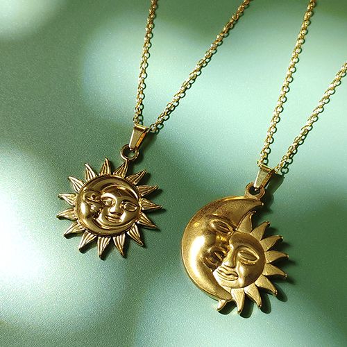 Shining Smiley Sun Moon Pendant Necklace - Stainless Steel Unisex Jewelry