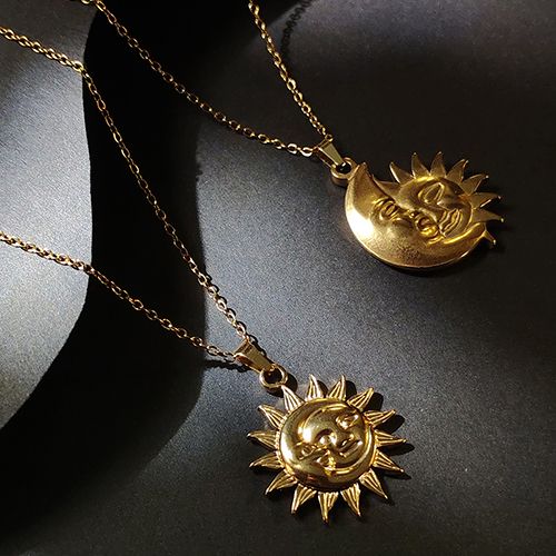 Shining Smiley Sun Moon Pendant Necklace - Stainless Steel Unisex Jewelry