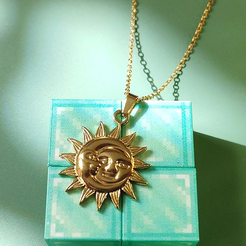Shining Smiley Sun Moon Pendant Necklace - Stainless Steel Unisex Jewelry