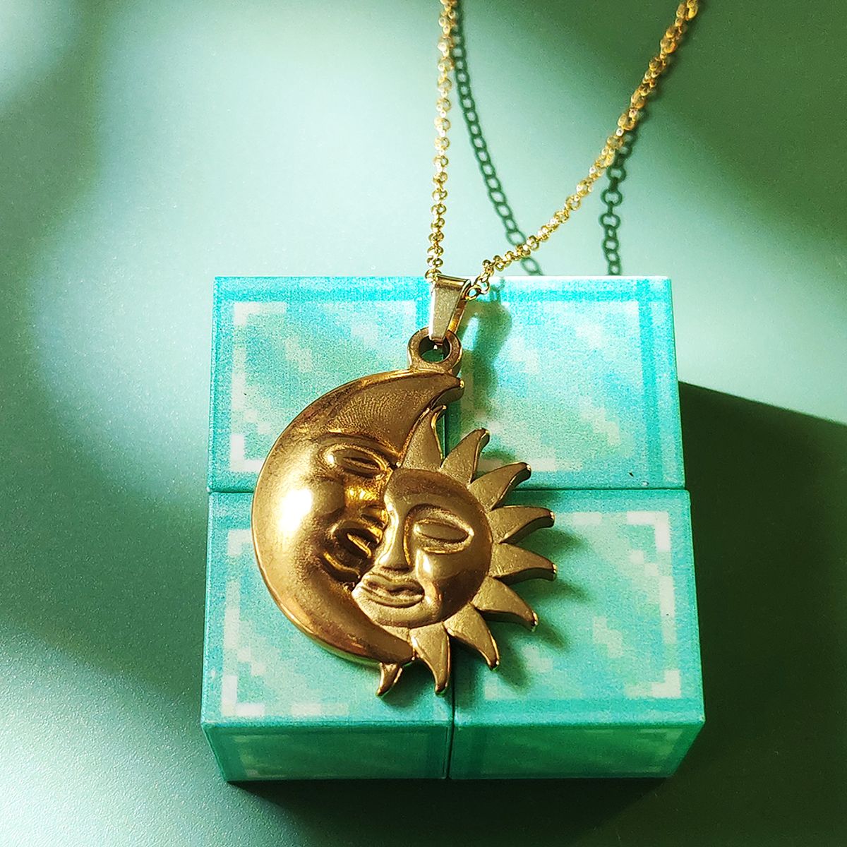 Shining Smiley Sun Moon Pendant Necklace - Stainless Steel Unisex Jewelry