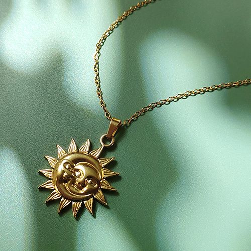 Shining Smiley Sun Moon Pendant Necklace - Stainless Steel Unisex Jewelry