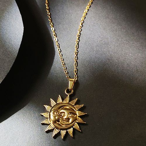 Shining Smiley Sun Moon Pendant Necklace - Stainless Steel Unisex Jewelry