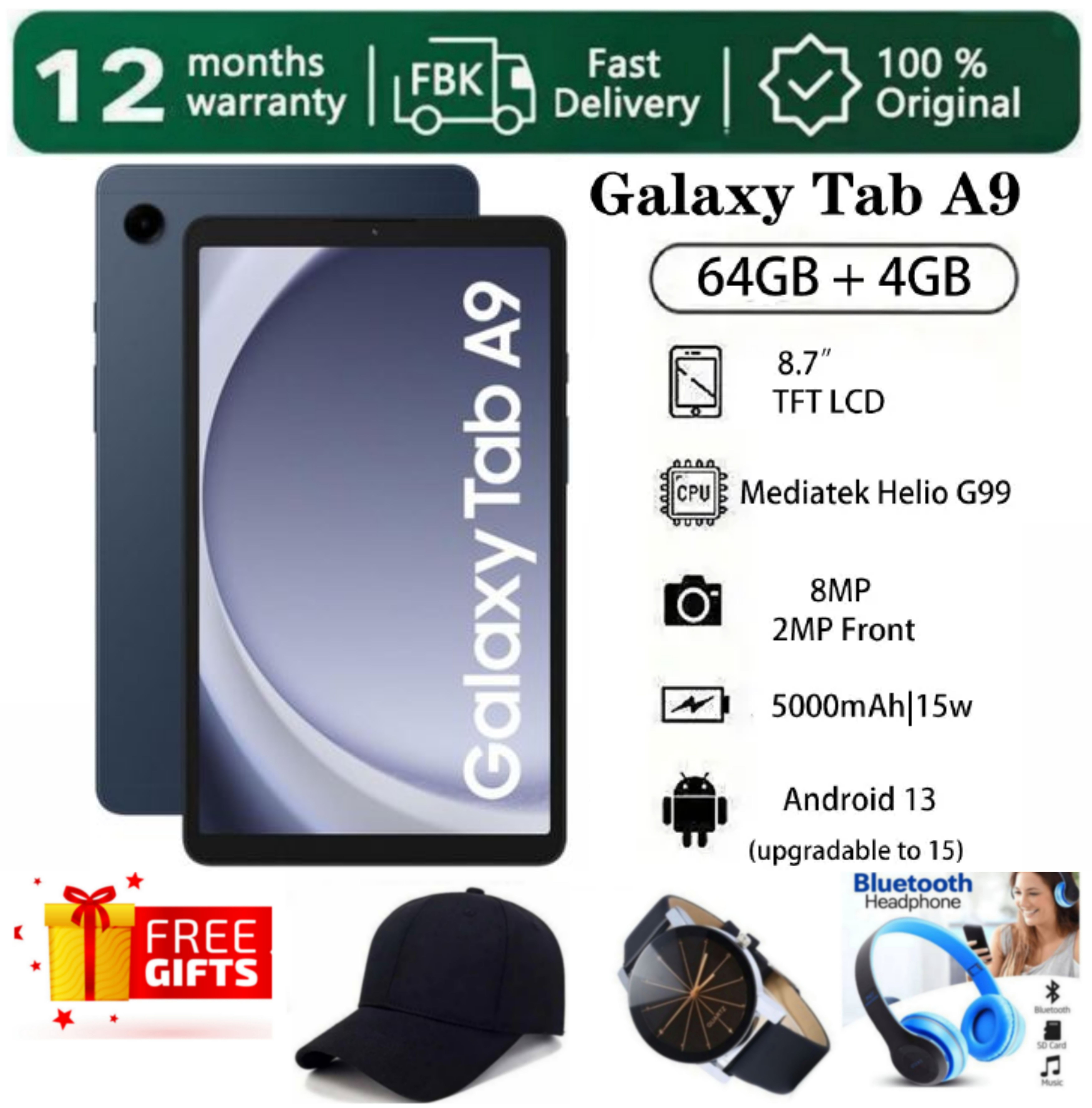 SUPER DEALS!!! SAMSUNG GALAXY Tab A9 64GB ROM Storage + 4GB RAM 8.7" TFT LCD Display 8MP Camera Android 13 (Upgradable to Android 15) MediaTek Helio G99 15W 5100mAh Tablet + FREE GIFTS INCLUDED