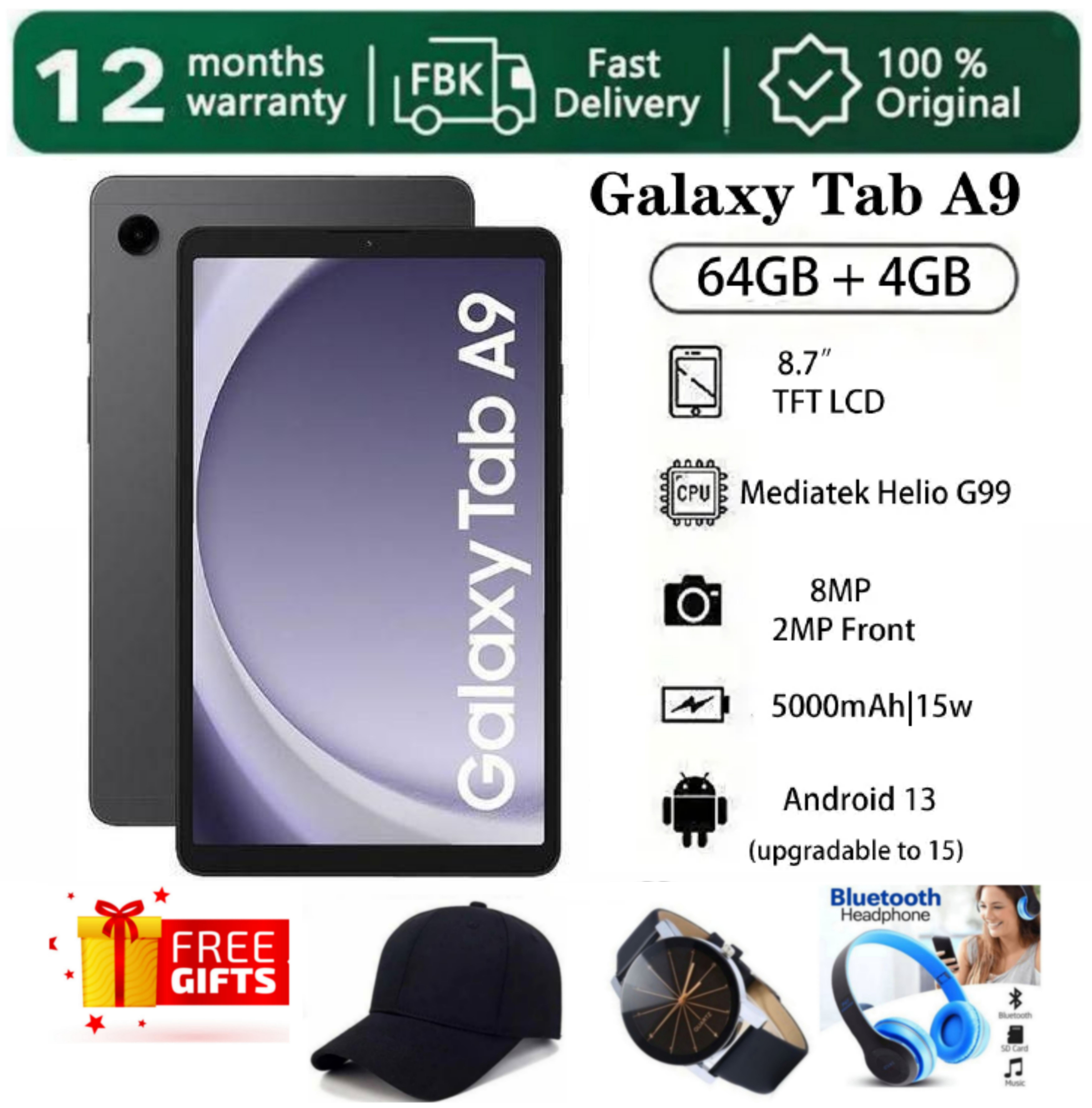 SUPER DEALS!!! SAMSUNG GALAXY Tab A9 64GB ROM Storage + 4GB RAM 8.7" TFT LCD Display 8MP Camera Android 13 (Upgradable to Android 15) MediaTek Helio G99 15W 5100mAh Tablet + FREE GIFTS INCLUDED