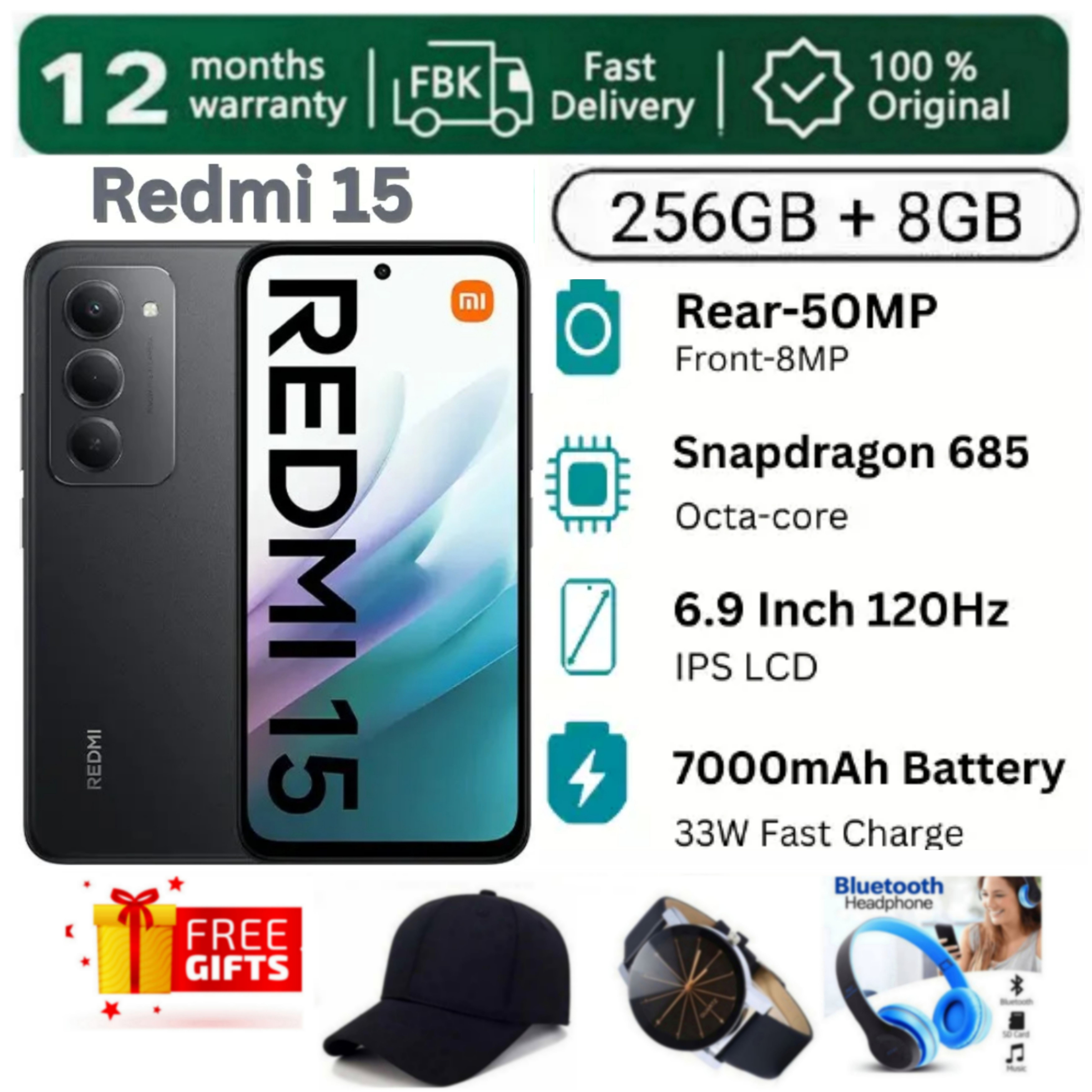 [SUPER DEALS!!!] XIAOMI Redmi 15 256GB ROM Storage +16(8+8) GB RAM 6.9 Inch 144Hz IPS LCD Display 50MP Camera 7000mAh Battery 33W Fast Charging IP64 Dust/Water Resistant Dual SIM + FREE GIFTS