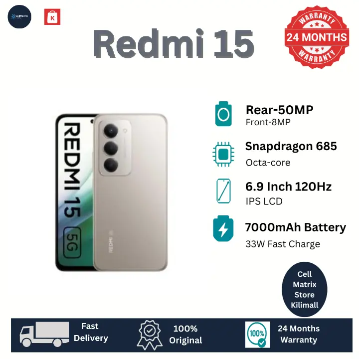 [SUPER DEALS!!!] XIAOMI Redmi 15 256GB ROM Storage +16(8+8) GB RAM 6.9 Inch 144Hz IPS LCD Display 50MP Camera 7000mAh Battery 33W Fast Charging IP64 Dust/Water Resistant Dual SIM + FREE GIFTS