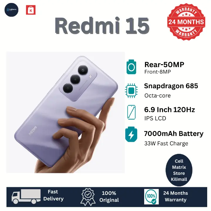 [SUPER DEALS!!!] XIAOMI Redmi 15 256GB ROM Storage +16(8+8) GB RAM 6.9 Inch 144Hz IPS LCD Display 50MP Camera 7000mAh Battery 33W Fast Charging IP64 Dust/Water Resistant Dual SIM + FREE GIFTS