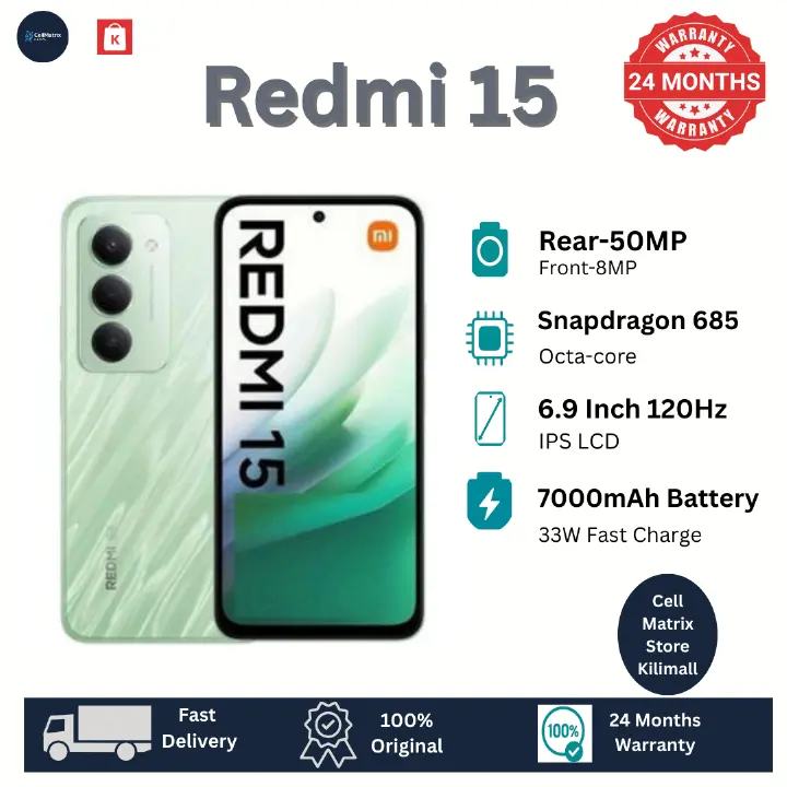 [SUPER DEALS!!!] XIAOMI Redmi 15 256GB ROM Storage +16(8+8) GB RAM 6.9 Inch 144Hz IPS LCD Display 50MP Camera 7000mAh Battery 33W Fast Charging IP64 Dust/Water Resistant Dual SIM + FREE GIFTS